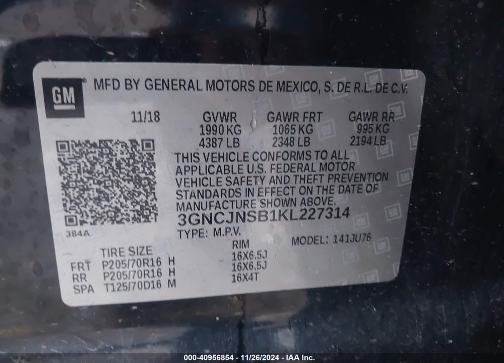 2019 CHEVROLET TRAX LS VIN: 3GNCJNSB1KL227314