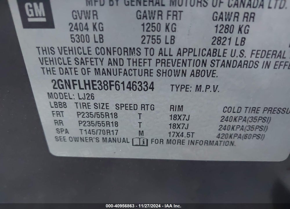 2015 CHEVROLET EQUINOX LTZ VIN: 2GNFLHE38F6146334