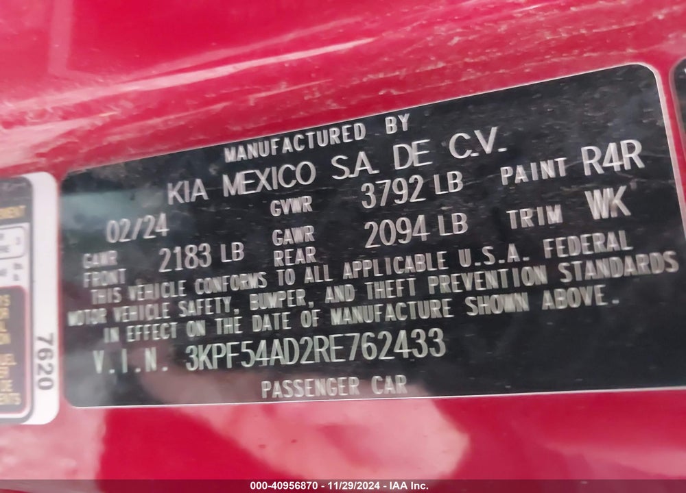 2024 KIA FORTE GT LINE VIN: 3KPF54AD2RE762433