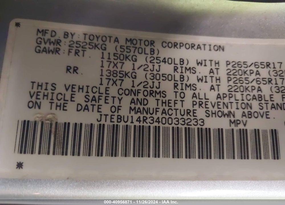 2004 TOYOTA 4RUNNER SR5 V6 VIN: JTEBU14R340033233
