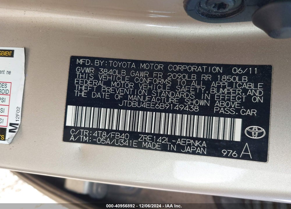 2011 TOYOTA COROLLA LE VIN: JTDBU4EE6B9149438