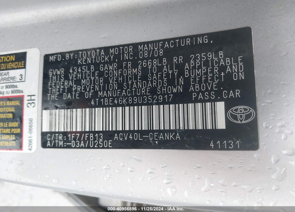 2009 TOYOTA CAMRY VIN: 4T1BE46K89U352917