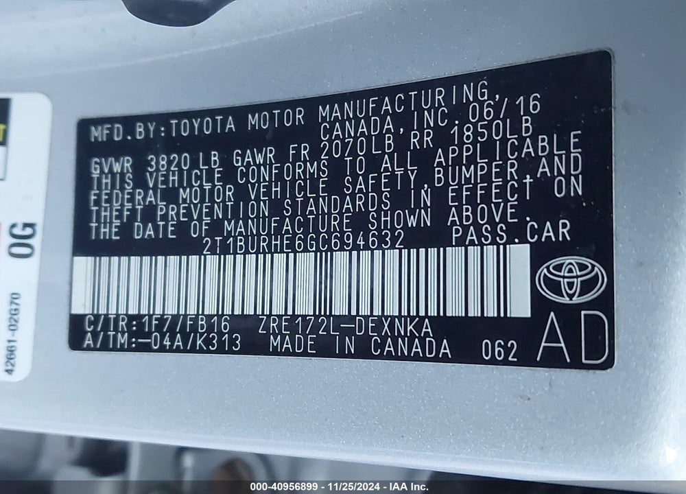 2016 TOYOTA COROLLA LE VIN: 2T1BURHE6GC694632