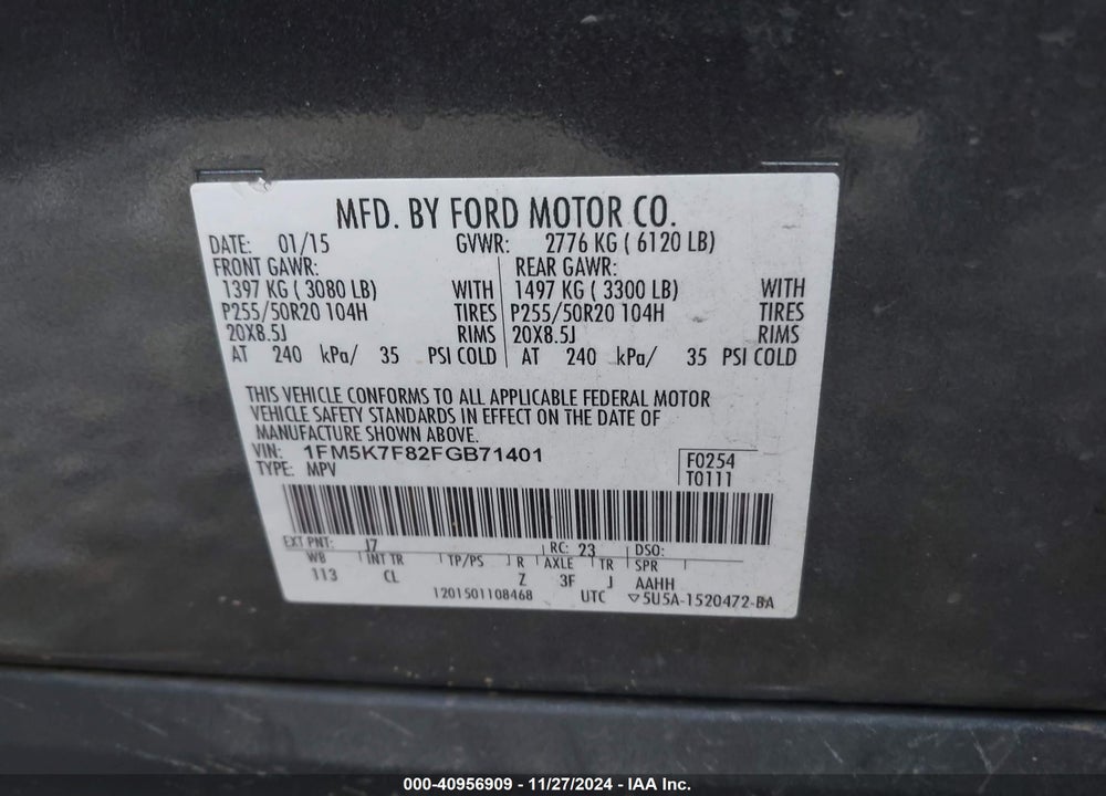 2015 FORD EXPLORER LIMITED VIN: 1FM5K7F82FGB71401