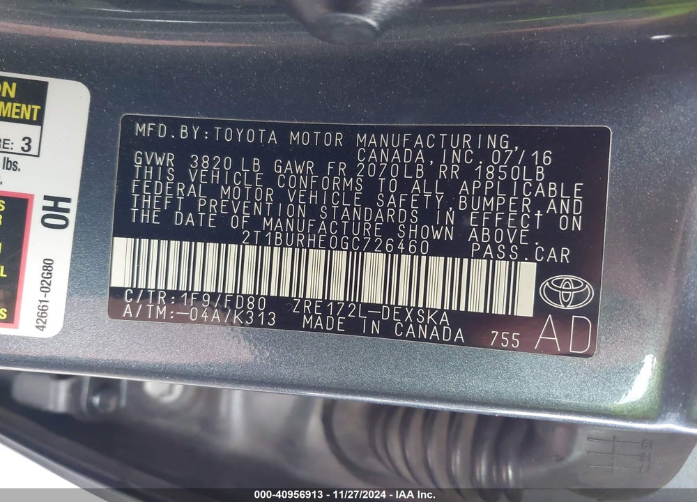 2016 TOYOTA COROLLA S PLUS VIN: 2T1BURHE0GC726460