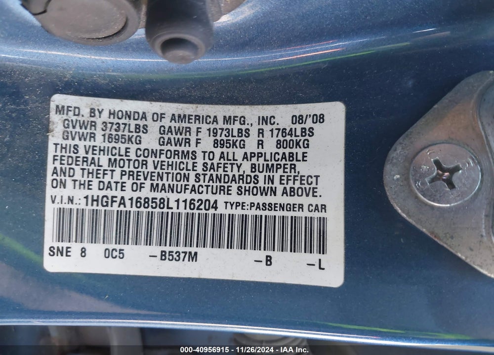 2008 HONDA CIVIC EX VIN: 1HGFA16858L116204