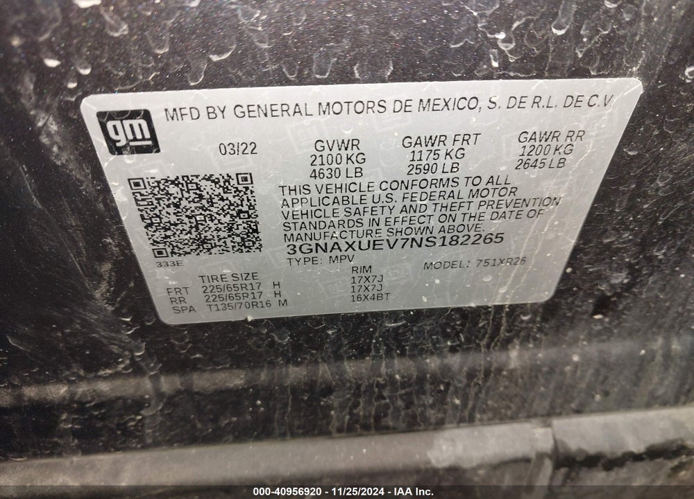 2022 CHEVROLET EQUINOX AWD LT VIN: 3GNAXUEV7NS182265