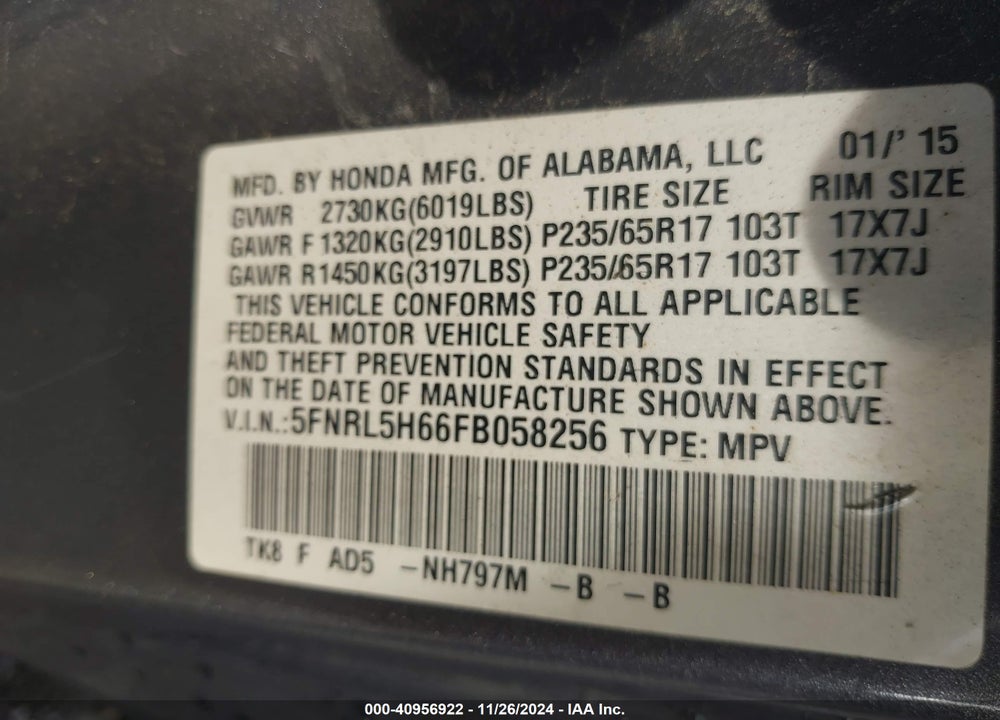 2015 HONDA ODYSSEY EX-L VIN: 5FNRL5H66FB058256