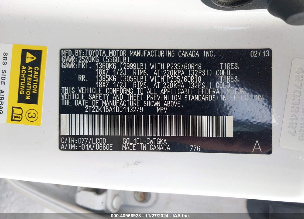 2013 LEXUS RX 350 VIN: 2T2ZK1BA1DC113279