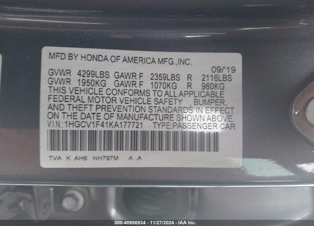 2019 HONDA ACCORD EX VIN: 1HGCV1F41KA177721