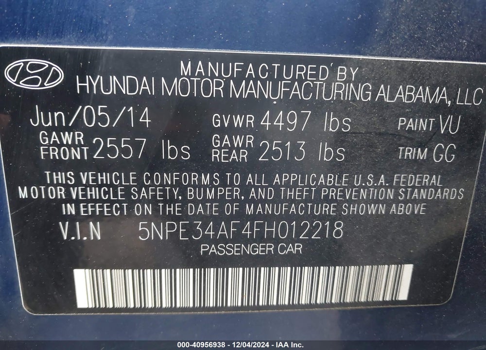 2015 HYUNDAI SONATA LIMITED VIN: 5NPE34AF4FH012218