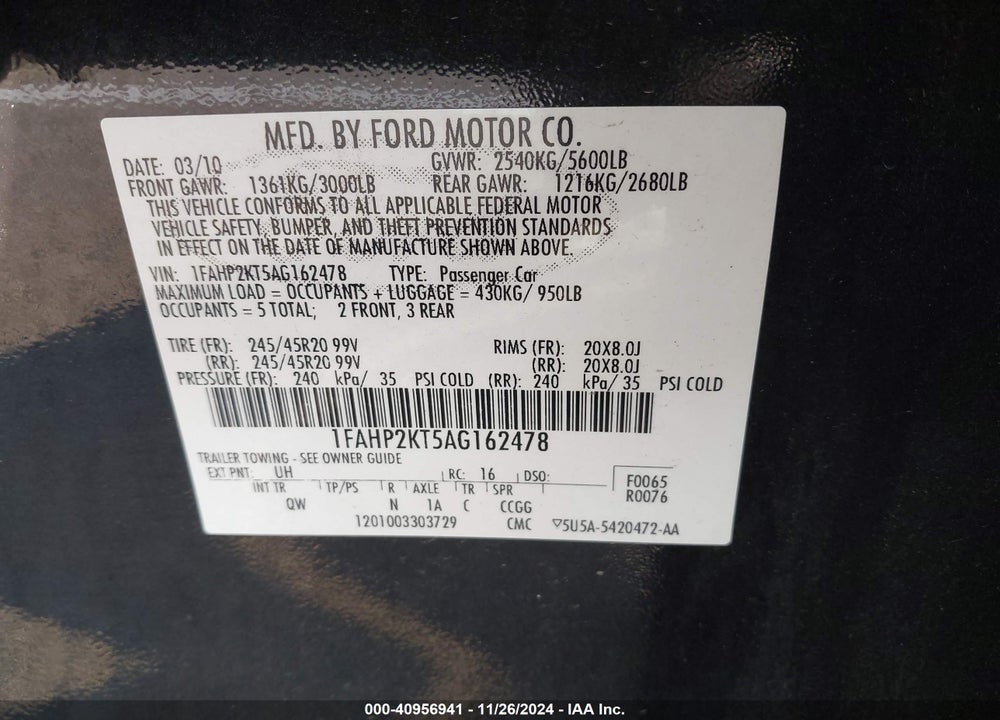 2010 FORD TAURUS SHO VIN: 1FAHP2KT5AG162478