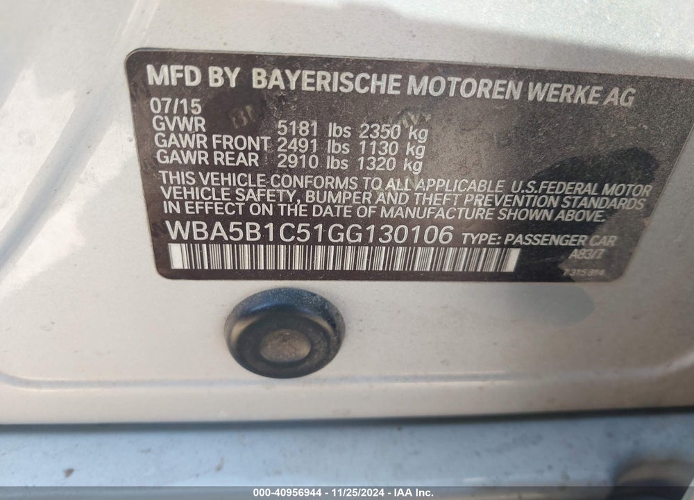 2016 BMW 535I VIN: WBA5B1C51GG130106