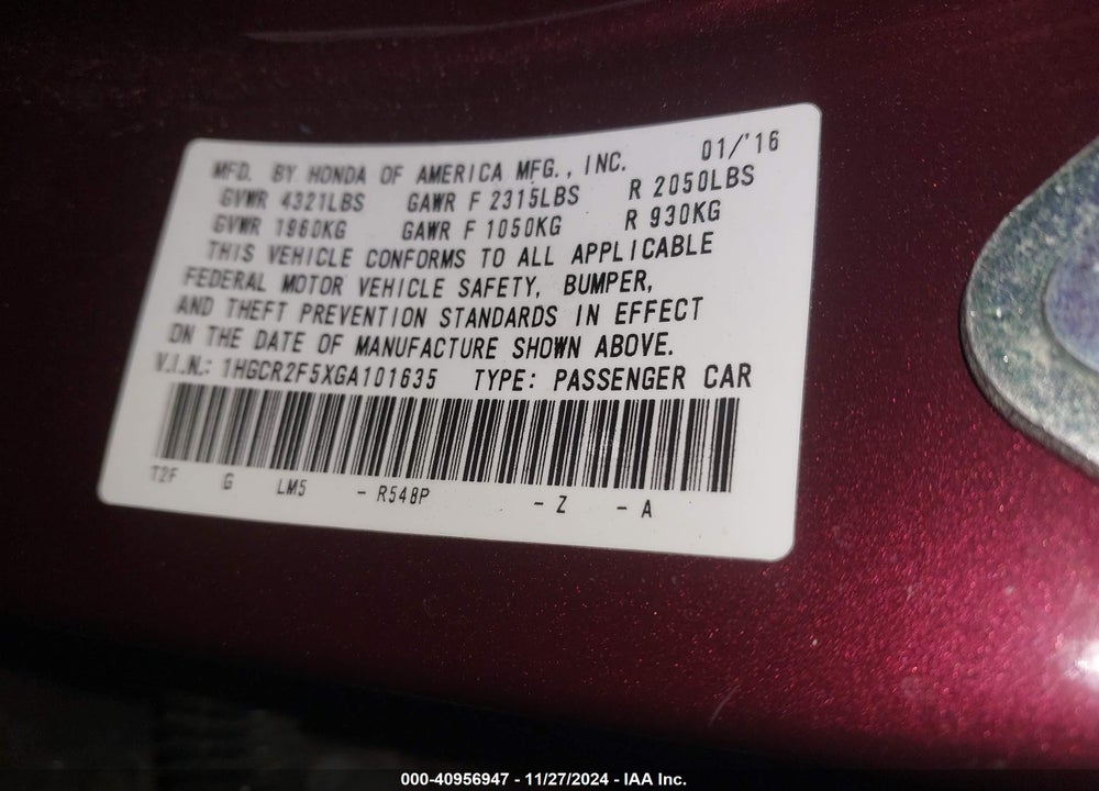 2016 HONDA ACCORD SPORT VIN: 1HGCR2F5XGA101635