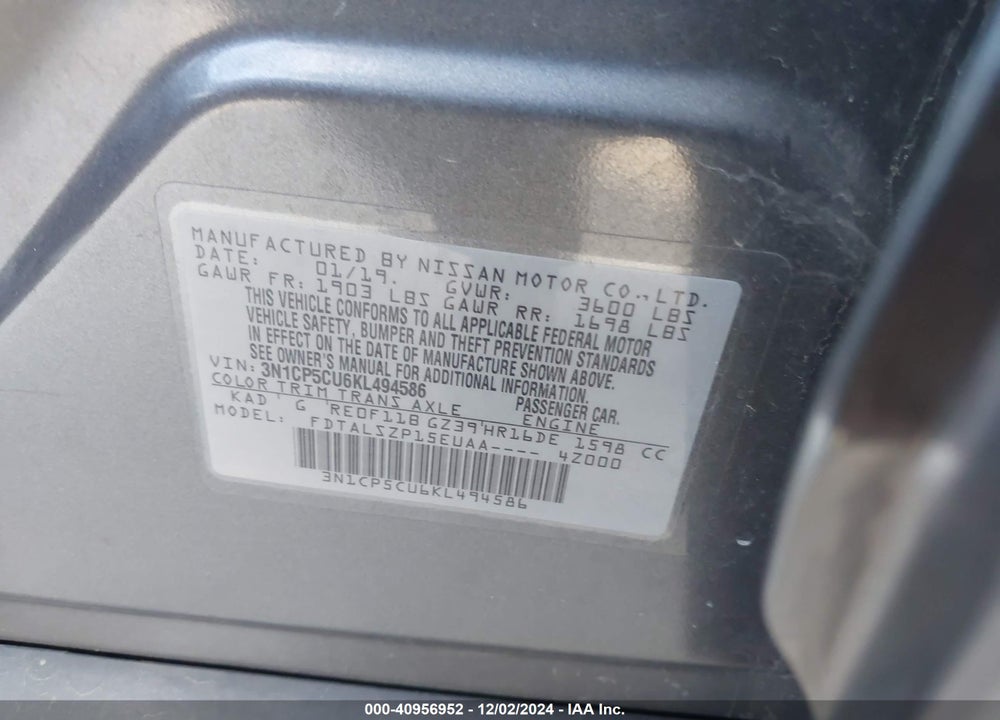2019 NISSAN KICKS SV VIN: 3N1CP5CU6KL494586