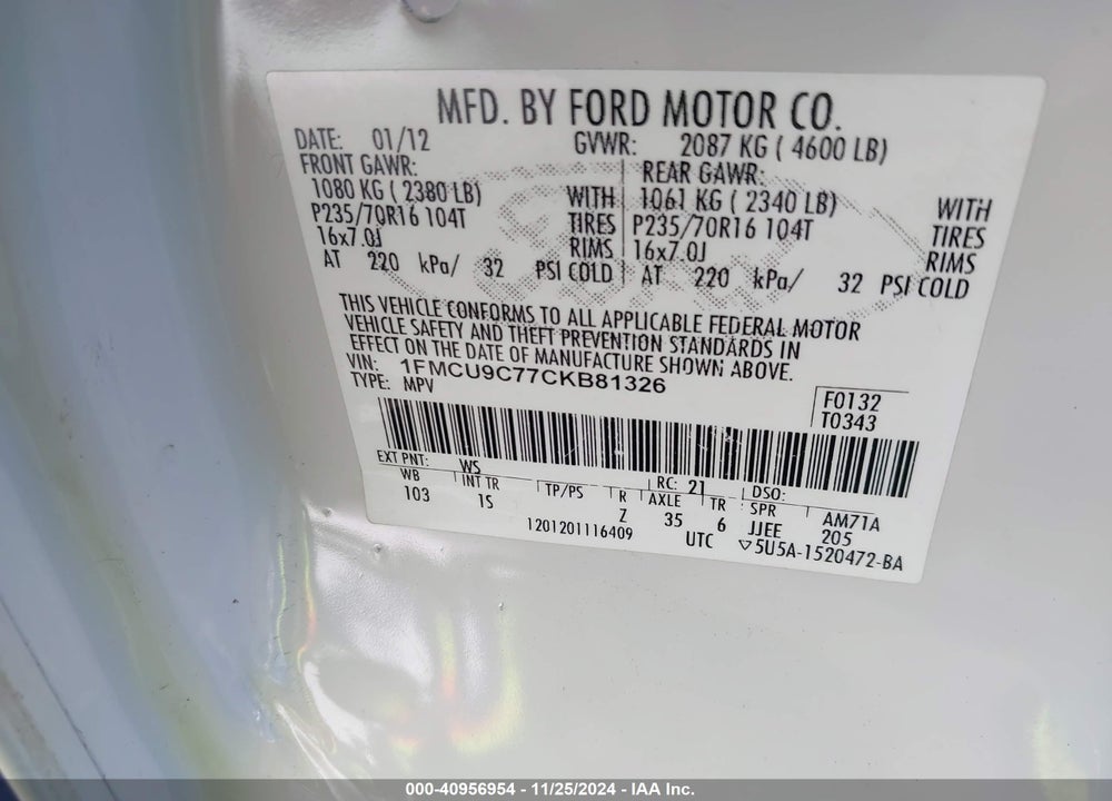 2012 FORD ESCAPE XLS VIN: 1FMCU9C77CKB81326