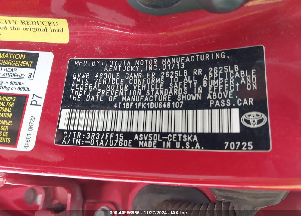 2013 TOYOTA CAMRY VIN: 4T1BF1FK1DU648107