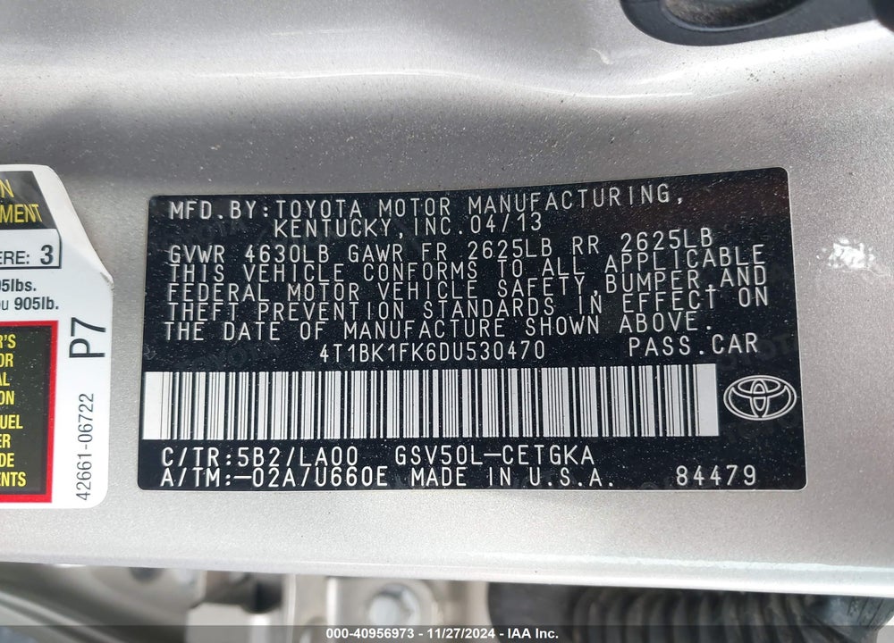 2013 TOYOTA CAMRY XLE V6 VIN: 4T1BK1FK6DU530470
