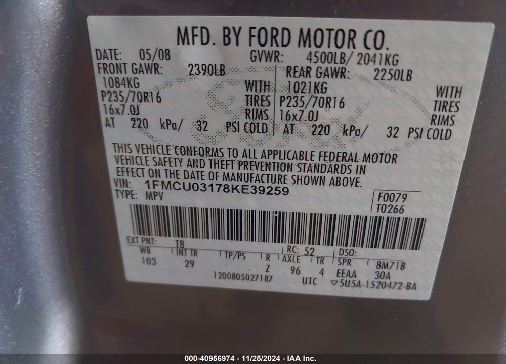 2008 FORD ESCAPE XLT VIN: 1FMCU03178KE39259