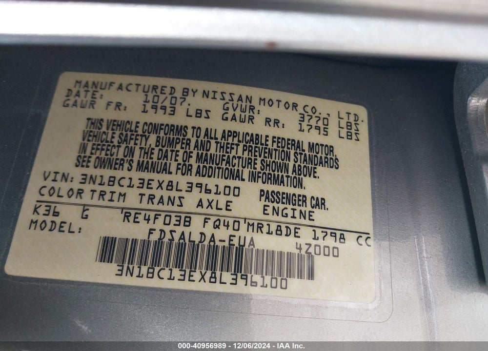 2008 NISSAN VERSA 1.8S VIN: 3N1BC13EX8L396100