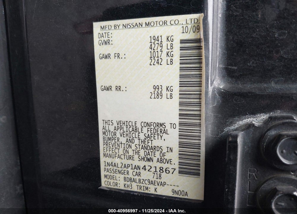2010 NISSAN ALTIMA 2.5 S VIN: 1N4AL2AP1AN421867