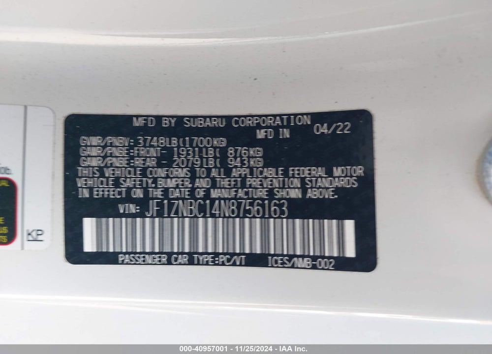 2022 TOYOTA GR86 VIN: JF1ZNBC14N8756163
