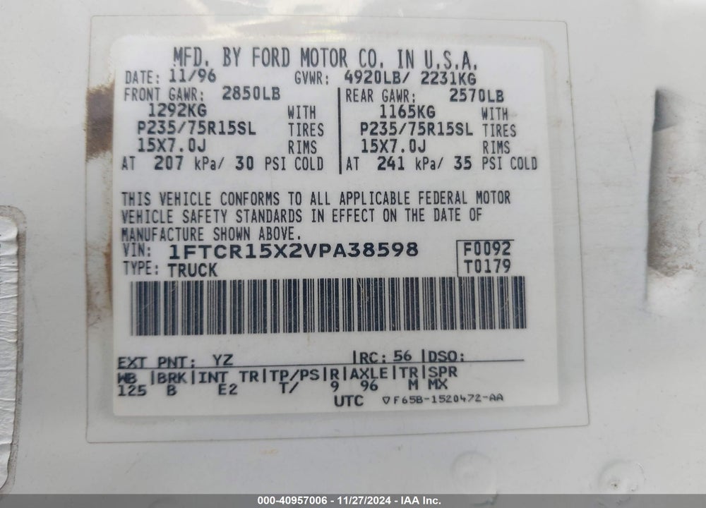 1997 FORD RANGER SPLASH/STX/XLT VIN: 1FTCR15X2VPA38598