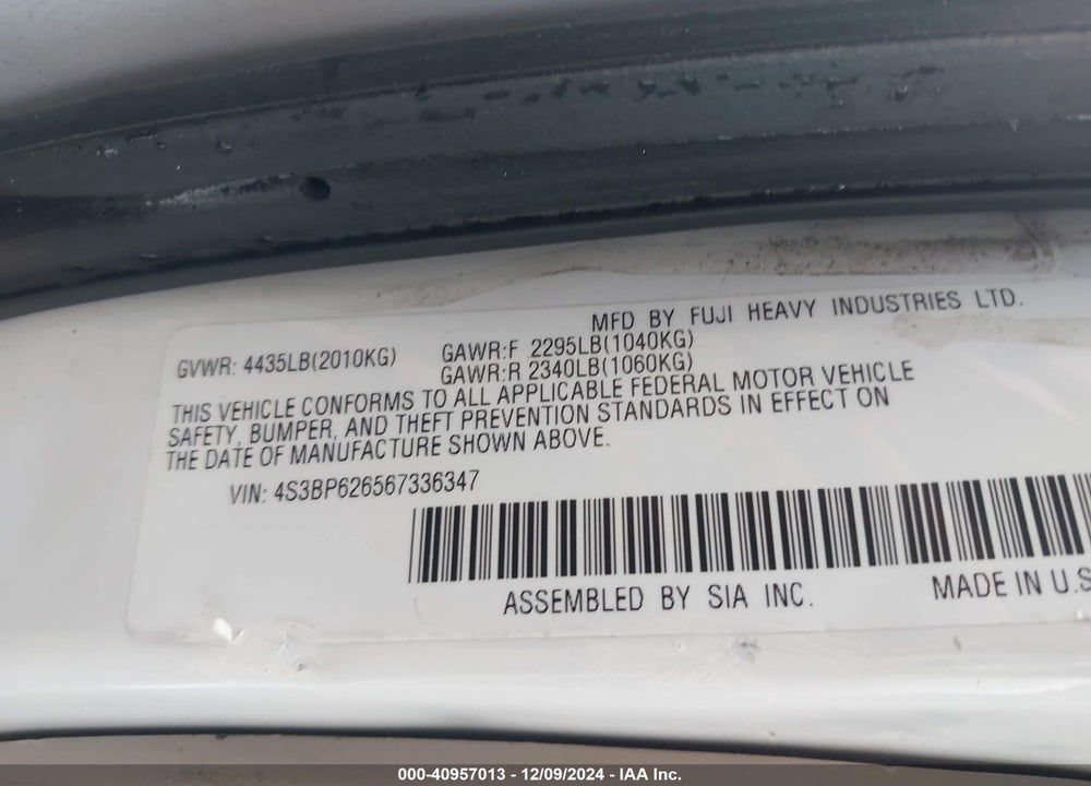 2006 SUBARU LEGACY VIN: 4S3BP626567336347