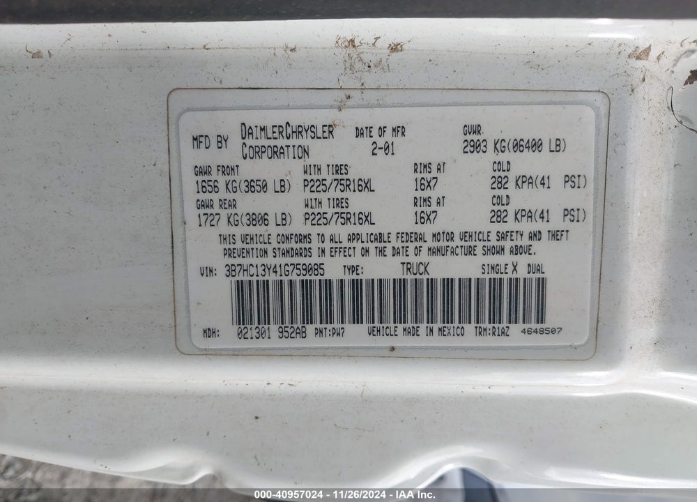 2001 DODGE RAM 1500 ST VIN: 3B7HC13Y41G759085
