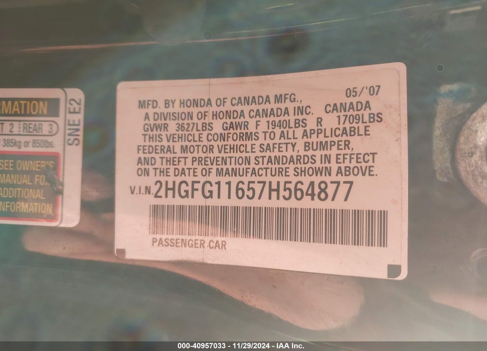 2007 HONDA CIVIC LX VIN: 2HGFG11657H564877