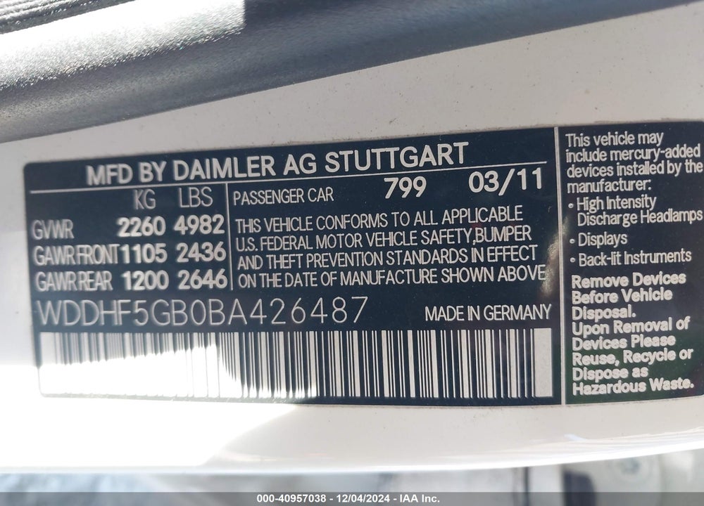 2011 MERCEDES-BENZ E 350 VIN: WDDHF5GB0BA426487