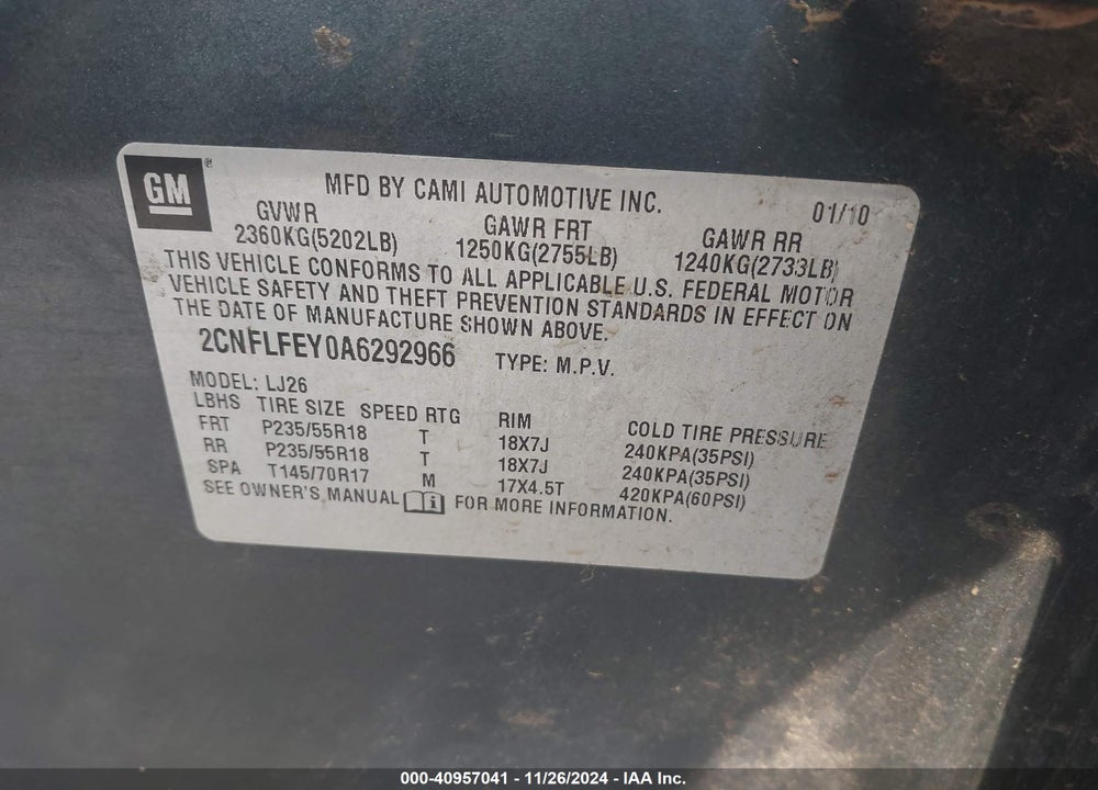 2010 CHEVROLET EQUINOX LTZ VIN: 2CNFLFEY0A6292966