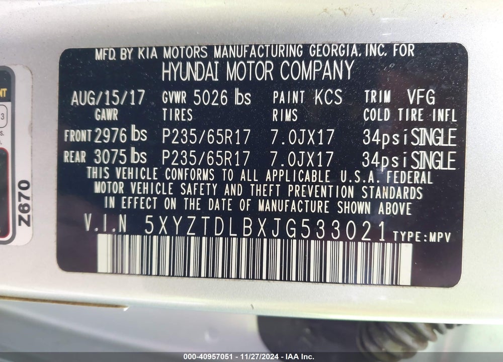 2018 HYUNDAI SANTA FE SPORT 2.4L VIN: 5XYZTDLBXJG533021