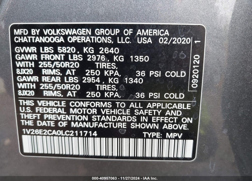2020 VOLKSWAGEN ATLAS CROSS SPORT 3.6L V6 SE W/TECHNOLOGY/3.6L V6 SE W/TECHNOLOGY R-LINE VIN: 1V26E2CA0LC211714