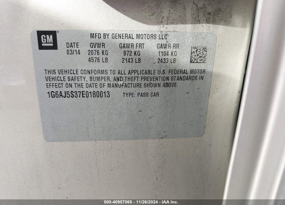 2014 CADILLAC ATS VIN: 1G6AJ5S37E0180013