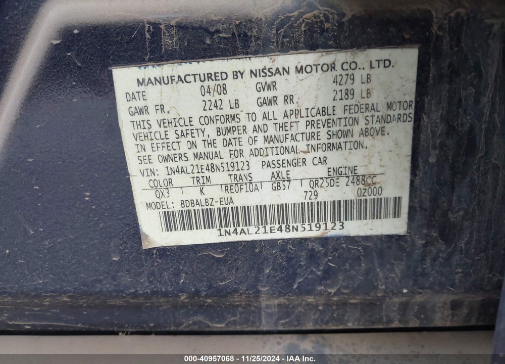 2008 NISSAN ALTIMA VIN: 1N4AL21E48N519123