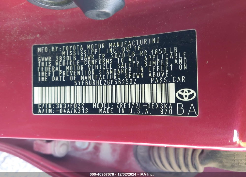 2016 TOYOTA COROLLA L/LE/LE PLS/PRM/S/S PLS VIN: 5YFBURHE2GP562502