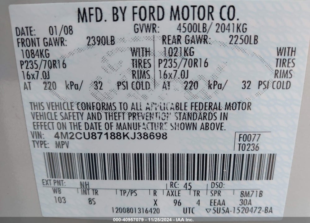 2008 MERCURY MARINER PREMIER VIN: 4M2CU87188KJ38698