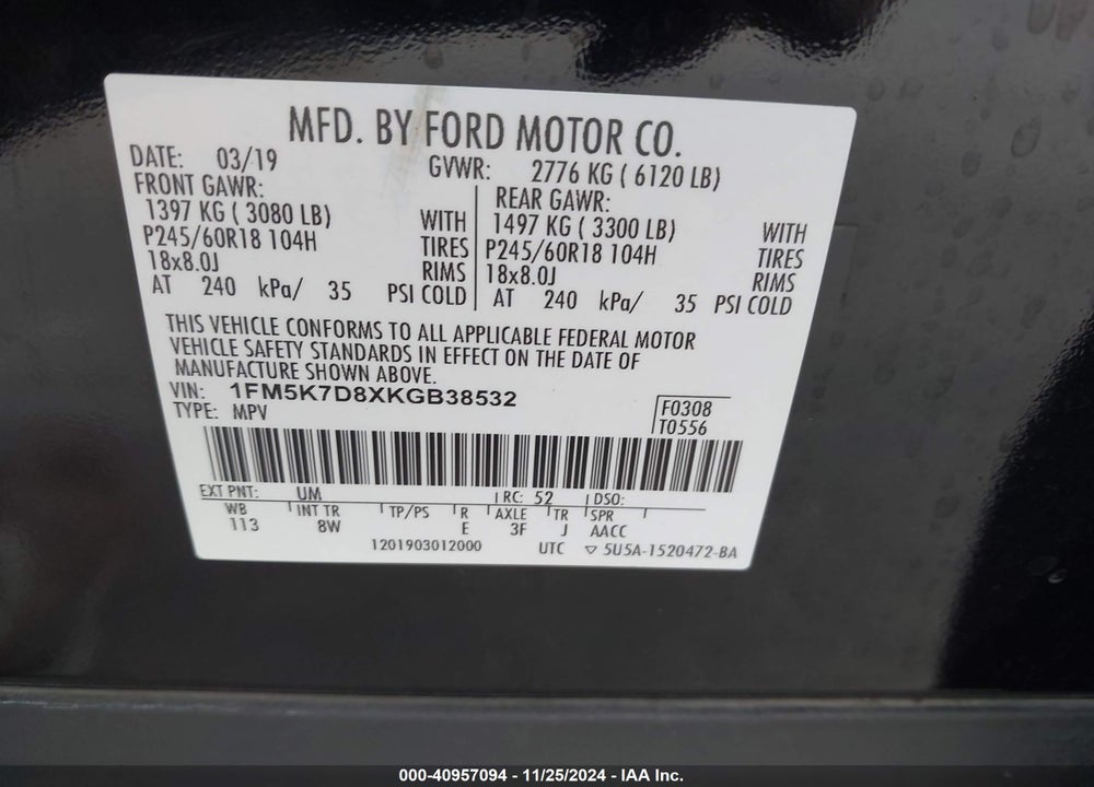 2019 FORD EXPLORER XLT VIN: 1FM5K7D8XKGB38532