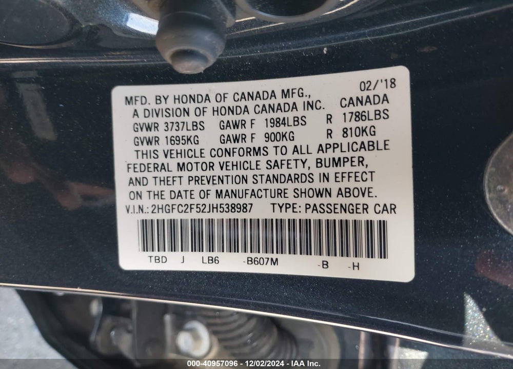 2018 HONDA CIVIC LX VIN: 2HGFC2F52JH538987