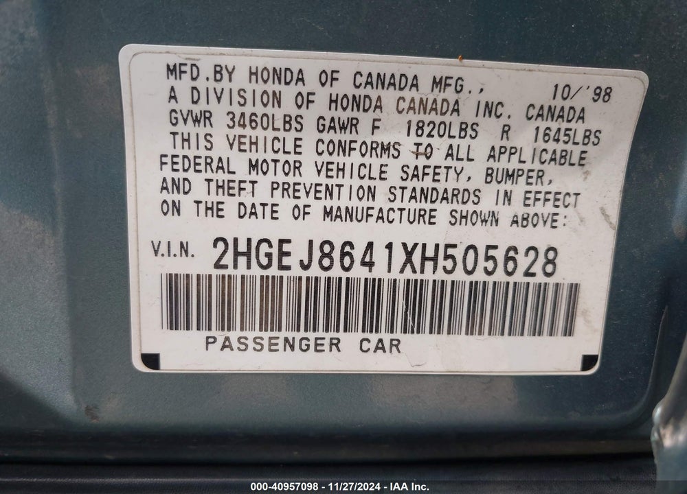 1999 HONDA CIVIC EX VIN: 2HGEJ8641XH505628
