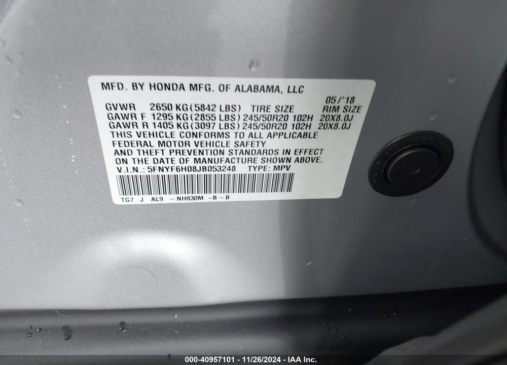 2018 HONDA PILOT ELITE VIN: 5FNYF6H08JB053248