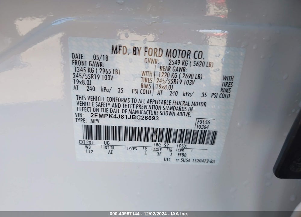 2018 FORD EDGE SEL VIN: 2FMPK4J81JBC26693