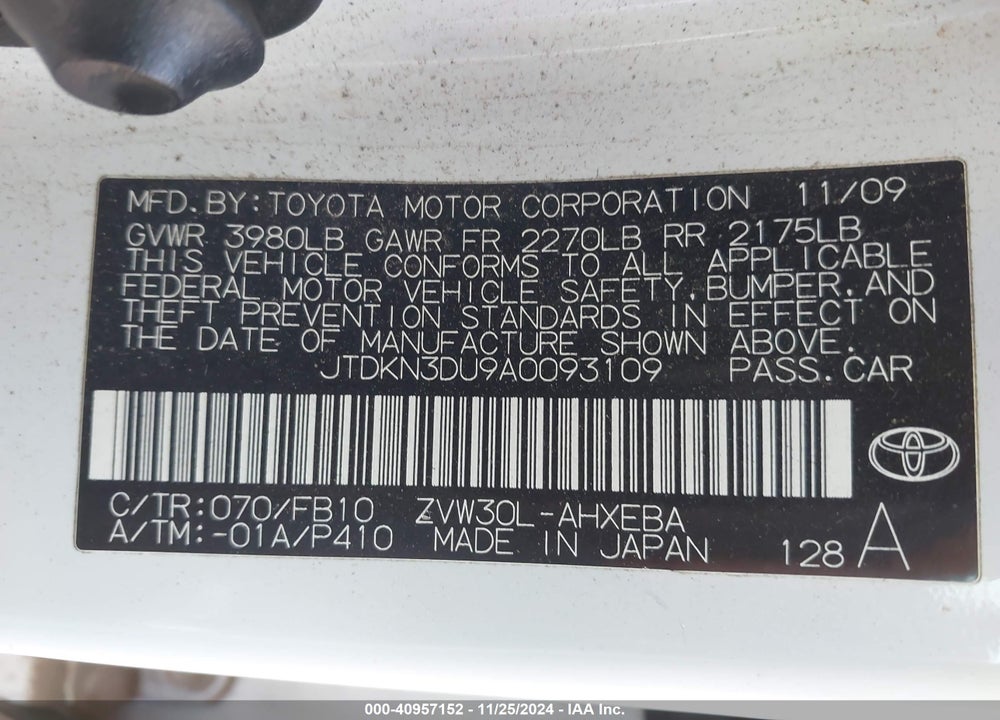 2010 TOYOTA PRIUS VIN: JTDKN3DU9A0093109