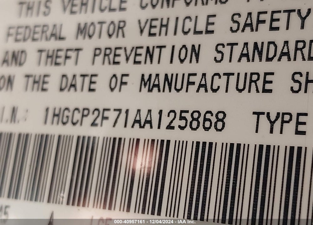2010 HONDA ACCORD 2.4 EX VIN: 1HGCP2F71AA125868