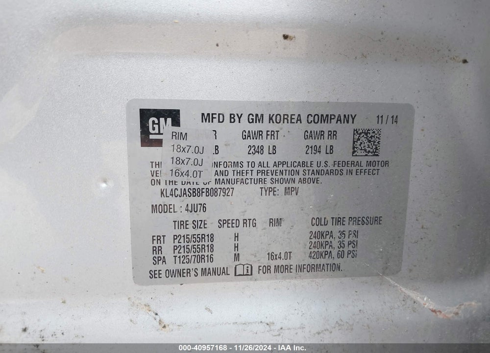 2015 BUICK ENCORE VIN: KL4CJASB8FB087927