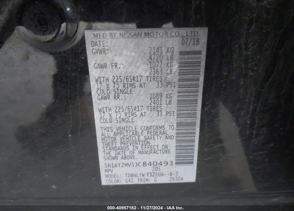 2018 NISSAN ROGUE SV VIN: 5N1AT2MV5JC840493