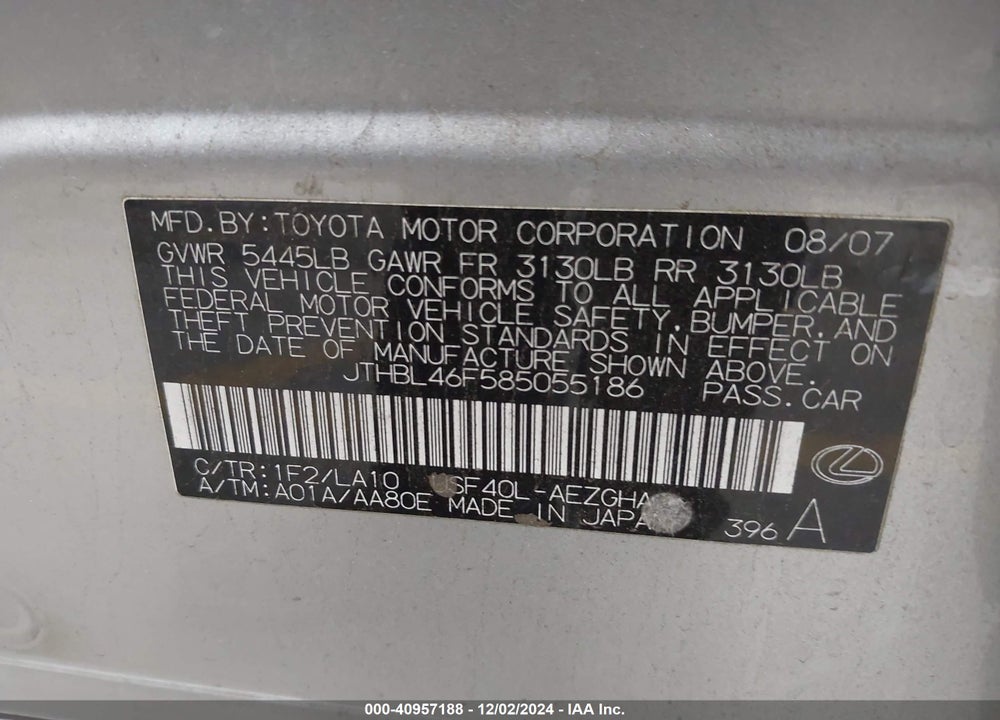 2008 LEXUS LS 460 VIN: JTHBL46F585055186