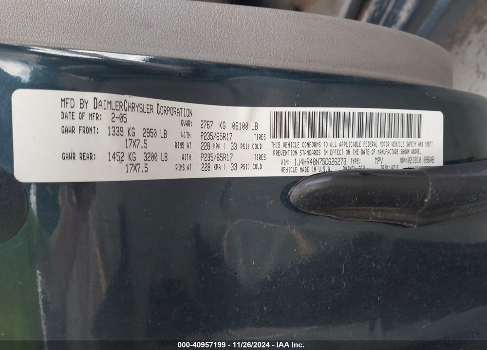 2005 JEEP GRAND CHEROKEE LAREDO VIN: 1J4HR48N75C626273