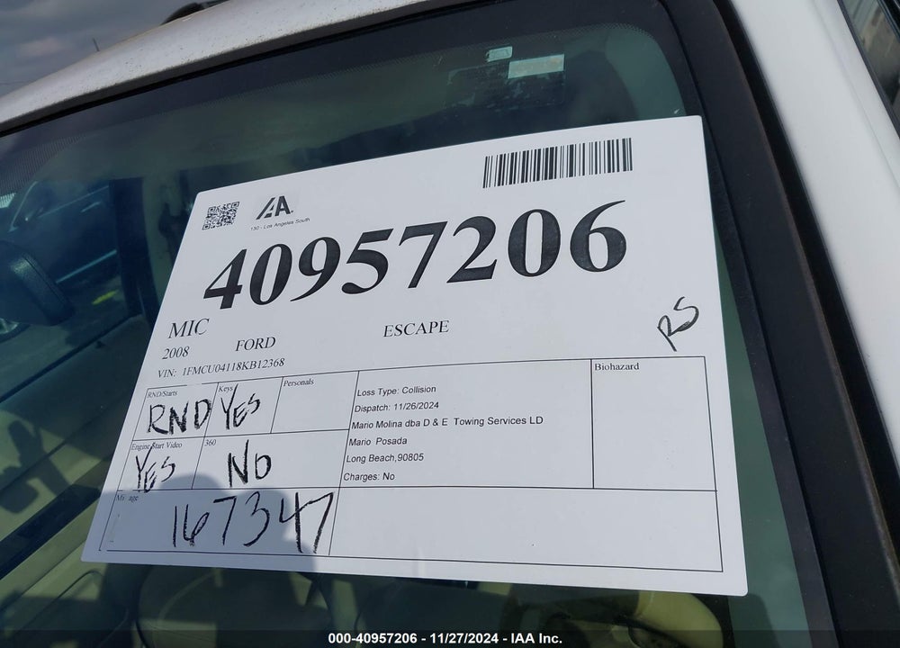 2008 FORD ESCAPE LIMITED VIN: 1FMCU04118KB12368